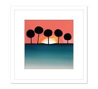 Artery8 Bubble Tree Dark Outlines Boho Sunset Horizon Landscape Coral Teal Watercolour Illustration Square Wooden Framed Wall Art Print Picture 8X8 Artery8 White