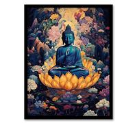 Artery8 Buddha in Lotus Flower Nirvana Concept Art Blue Orange Pink Floral Psychedelic Painting Artwork Framed Wall Art Print 18X24 Inch