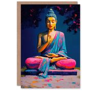 Artery8 Greeting Card Buddha Statue Pink Blue Buddhism Mindfulness Blank For Him Or Her Art Birthday Card