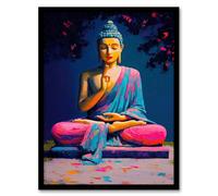 Artery8 Buddha Statue Pink Blue Buddhism Mindfulness Living Room Artwork Framed Wall Art Print 18X24 Inch