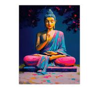 Buddha Statue Pink Blue Buddhism Mindfulness Wall Art Print Artery8 Blue W24 inch x H32 inch