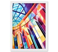 Artery8 Building with Glass Roof Modern Art Deco Colour Block Modern Watercolour Painting Artwork Framed Wall Art Print A4 in White Artery8 White