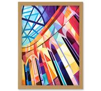 Artery8 Building with Glass Roof Modern Art Deco Colour Block Modern Watercolour Painting Artwork Framed Wall Art Print A4 in Light Oak Artery8 Light Oak