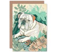 Artery8 Bulldog Lying in a Flower Field Modern Pastel Colour Linocut Illustration Art Birthday Sealed Greeting Card Plus Envelope Blank inside