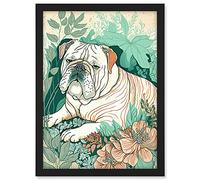 Artery8 Bulldog Lying in a Flower Field Modern Pastel Colour Linocut Illustration Artwork Framed A3 Wall Art Print