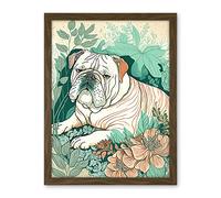 Artery8 Bulldog Lying in a Flower Field Modern Pastel Colour Linocut Illustration Artwork Framed Wall Art Print 18X24 Inch