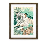 Artery8 Bulldog Lying in a Flower Field Modern Pastel Colour Linocut Illustration Artwork Framed Wall Art Print 18X24 Inch