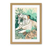 Artery8 Bulldog Lying in a Flower Field Modern Pastel Colour Linocut Illustration Artwork Framed Wall Art Print 18X24 Inch