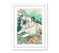 Artery8 Bulldog Lying in a Flower Field Modern Pastel Colour Linocut Illustration Artwork Framed Wall Art Print 18X24 Inch