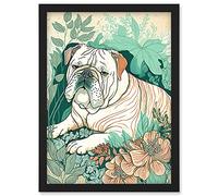 Artery8 Bulldog Lying in a Flower Field Modern Pastel Colour Linocut Illustration Artwork Framed Wall Art Print A4