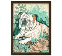 Artery8 Bulldog Lying in a Flower Field Modern Pastel Colour Linocut Illustration Artwork Framed Wall Art Print A4