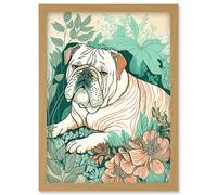 Artery8 Bulldog Lying in a Flower Field Modern Pastel Colour Linocut Illustration Artwork Framed Wall Art Print A4