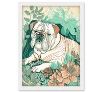Artery8 Bulldog Lying in a Flower Field Modern Pastel Colour Linocut Illustration Artwork Framed Wall Art Print A4