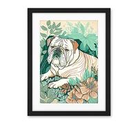 Artery8 Bulldog Lying in a Flower Field Modern Pastel Colour Linocut Illustration Artwork Framed Wall Art Print 18X24 Inch