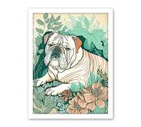 Artery8 Bulldog Lying in a Flower Field Modern Pastel Colour Linocut Illustration Artwork Framed Wall Art Print 18X24 Inch