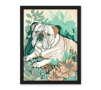 Artery8 Bulldog Lying in a Flower Field Modern Pastel Colour Linocut Illustration Artwork Framed Wall Art Print 18X24 Inch