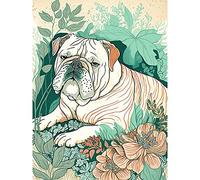 Artery8 Bulldog Lying in a Flower Field Modern Pastel Colour Linocut Illustration Extra Large XL Wall Art Poster Print