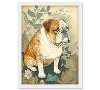 Artery8 Bulldog with Ornate Pattern Fur Coat in Flower Field Modern Watercolour Illustration Artwork Framed Wall Art Print A4