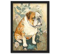 Artery8 Bulldog with Ornate Pattern Fur Coat in Flower Field Modern Watercolour Illustration Artwork Framed Wall Art Print A4 in Black Artery8 Black
