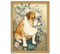 Artery8 Bulldog with Ornate Pattern Fur Coat in Flower Field Modern Watercolour Illustration Artwork Framed Wall Art Print A4