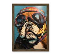 Artery8 Bulldog with Retro Motorcycle Goggles and Helmet Artwork Framed Wall Art Print 18X24 Inch