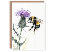 Artery8 Bumble Bee on Scottish Thistle Flower Watercolour Blank For Him Or Her Art Birthday Card