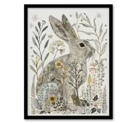 Artery8 Bunny Rabbit Flowers Grey Yellow Bright Folk Art Living Room Artwork Framed Wall Art Print A4