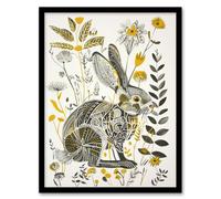 Bunny Rabbit Flowers Yellow Grey Bright Folk Art Framed Art Print Artery8 Yellow A4