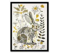 Bunny Rabbit Flowers Yellow Grey Bright Folk Art Framed Art Print Artery8 Yellow A4