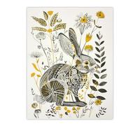 Artery8 Bunny Rabbit Flowers Yellow Grey Bright Folk Art Living Room Large Wall Art Poster Print Thick Paper 18X24 Inch