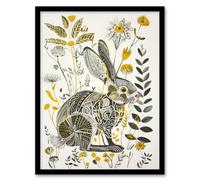 Bunny Rabbit Flowers Yellow Grey Bright Folk Art Framed Art Print Artery8 Yellow A4