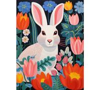 Wall Art Print Bunny Rabbit in Colourful Bold Vibrant Flowers Kids Bedroom Floral Artwork Garden Spring Blooms Poster Artery8 Multi W24 inch x H32 inch