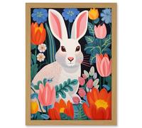 Artery8 Bunny Rabbit in Colourful Bold Vibrant Flowers Kids Bedroom Floral Artwork Garden Spring Blooms Artwork Framed A3 Wall Art Print