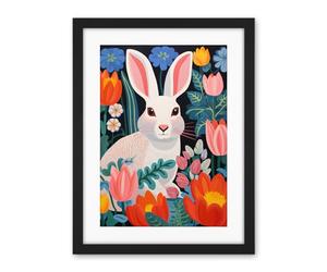 Artery8 Bunny Rabbit in Colourful Bold Vibrant Flowers Kids Bedroom Floral Artwork Garden Spring Blooms Artwork Framed Wall Art Print 18X24 Inch
