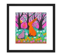 Artery8 Bunny Rabbits In A Forest Meadow Flowers Pastel Pink Teal Illustration Square Wooden Framed Wall Art Print Picture 8X8 Inch in Black Artery8 Black