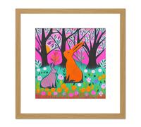 Artery8 Bunny Rabbits In A Forest Meadow Flowers Pastel Pink Teal Illustration Square Wooden Framed Wall Art Print Picture 8X8 Inch in Light Oak Artery8 Light Oak