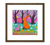 Artery8 Bunny Rabbits In A Forest Meadow Flowers Pastel Pink Teal Illustration Square Wooden Framed Wall Art Print Picture 8X8 Inch in Brown Artery8 Brown