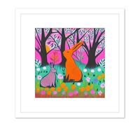 Artery8 Bunny Rabbits In A Forest Meadow Flowers Pastel Pink Teal Illustration Square Wooden Framed Wall Art Print Picture 8X8 Inch in White Artery8 White