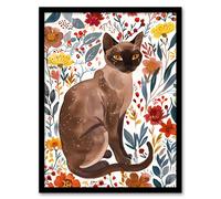 Artery8 Burmese Cat Lover Watercolour Autumn Wildflowers Living Room Artwork Framed Wall Art Print A4