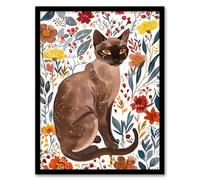 Artery8 Burmese Cat Lover Watercolour Autumn Wildflowers Living Room Artwork Framed Wall Art Print A4