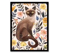 Artery8 Burmese Cat Lover Watercolour Wildflower Portrait Living Room Artwork Framed Wall Art Print A4