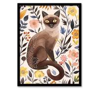 Artery8 Burmese Cat Lover Watercolour Wildflower Portrait Living Room Artwork Framed Wall Art Print 18X24 Inch