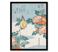 Artery8 Bush Warbler & Roses Vintage Japan Framed Wall Art Print Hokusai in Orange | Size: A4 Artery8 Orange A4