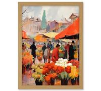 Artery8 Busy Flower Market Warm Amber Orange Yellow Oil Painting Artwork Framed A3 Wall Art Print