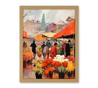 Artery8 Busy Flower Market Warm Amber Orange Yellow Oil Painting Artwork Framed Wall Art Print 18X24 Inch