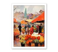 Artery8 Busy Flower Market Warm Amber Orange Yellow Oil Painting Artwork Framed Wall Art Print 18X24 Inch