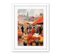 Artery8 Busy Flower Market Warm Amber Orange Yellow Oil Painting Artwork Framed Wall Art Print 18X24 Inch