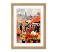 Artery8 Busy Flower Market Warm Amber Orange Yellow Oil Painting Artwork Framed Wall Art Print 18X24 Inch
