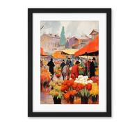 Artery8 Busy Flower Market Warm Amber Orange Yellow Oil Painting Artwork Framed Wall Art Print 18X24 Inch