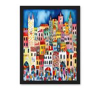 Artery8 Busy Street Vertical Cityscape Folk Art Watercolour Painting Artwork Framed Wall Art Print 18X24 Inch